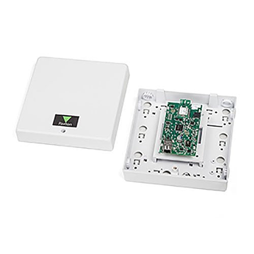 Electronic module with a printed circuit board inside a white housing on a white background