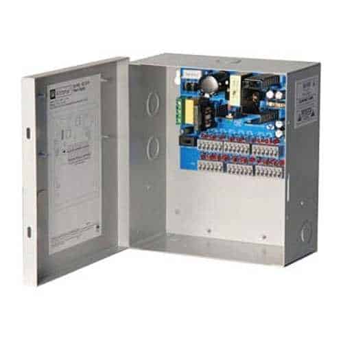 Electrical panel with open cover showing internal components on a white background