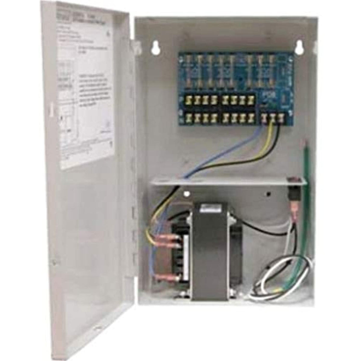 Electrical control panel with wiring and components on a white background