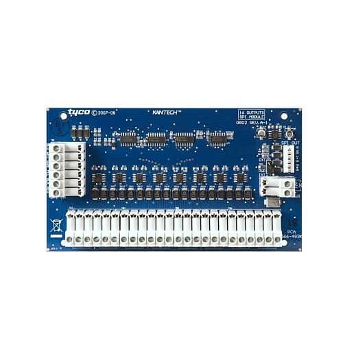Electronic circuit board with connectors and labels on a white background