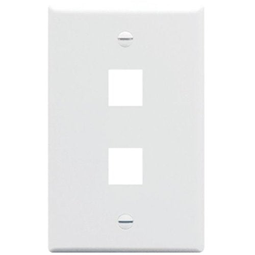 White wall plate with two electrical outlet slots on a white background