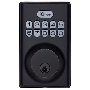 Black electronic door lock with keypad on a white background