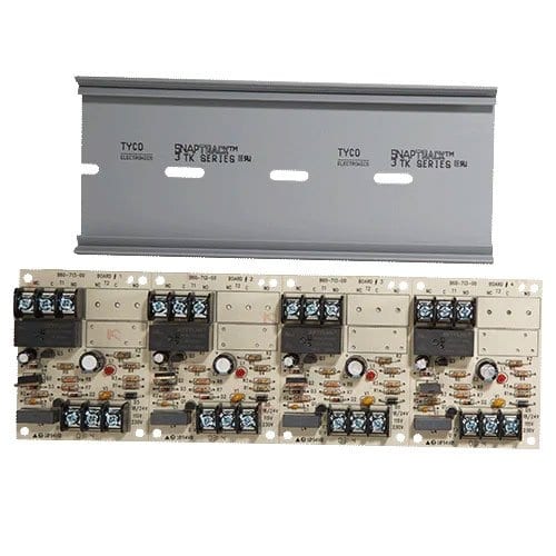 Electrical panel with multiple switches and connectors on a white background