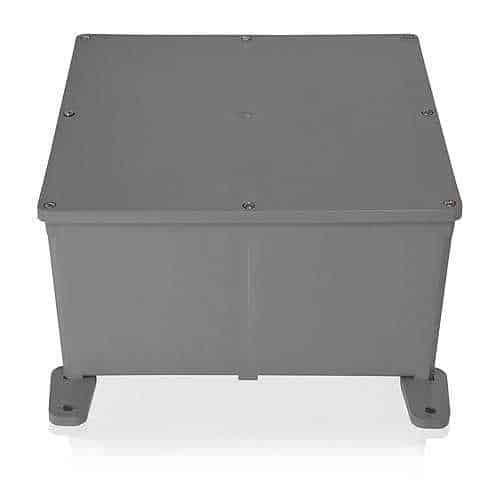 Gray rectangular metal box on a white background
