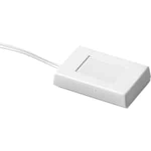 White rectangular sensor resting horizontally on a solid white background