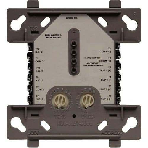 Electrical relay module with labeled ports on a white background