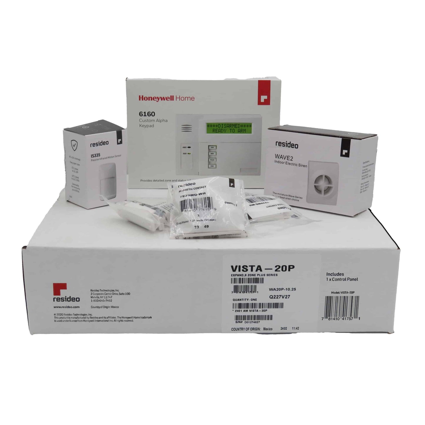 Honeywell Vista 20P Hardwired Kit with a 6160 Keypad, One IS335 Motion Sensor, Three 7939WG Contacts, and a Wave2 Siren…