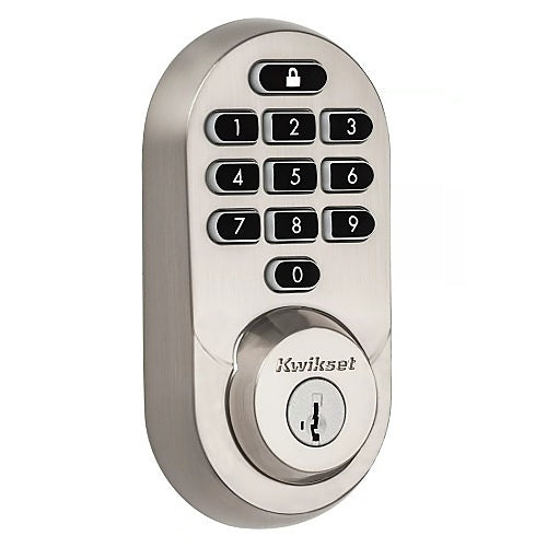 Kwikset electronic door lock with keypad on a white background