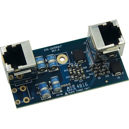 Electronic circuit board with two Ethernet ports on a white background