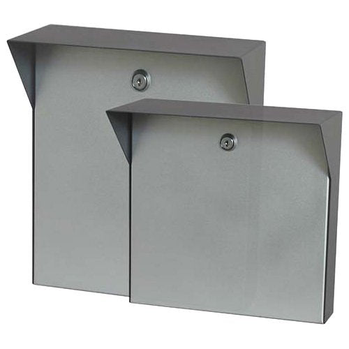 Two metallic wall-mounted boxes on a white background