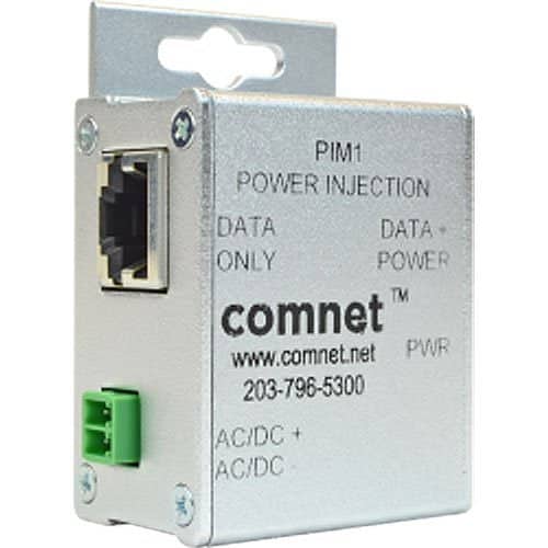 Comnet power injection module with Ethernet port and green connector on a white background