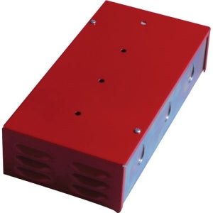A red rectangular, industrial electronic enclosure on a white background