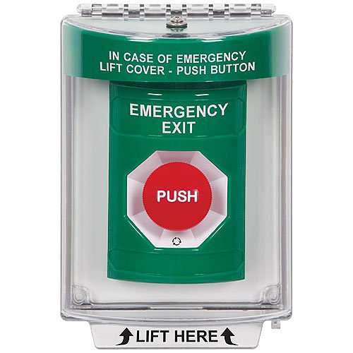 STI SS2141EX-EN Indoor/Outdoor Stopper Station Push Button with Horn, Flush Mount, Pneumatic, LED, ""Emergency" Exit" Label, Turn-to-Reset, Green