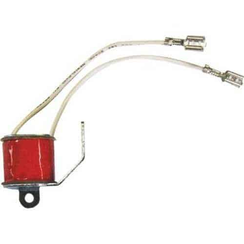 Red cylindrical component with wires on a white background