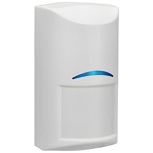 White motion sensor with blue light on a white background