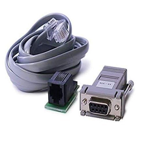 Cable with RJ45 connector, adapter, and DB9 connector on a white background