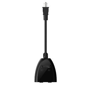 Black outdoor smart plug centered vertically against a solid white background
