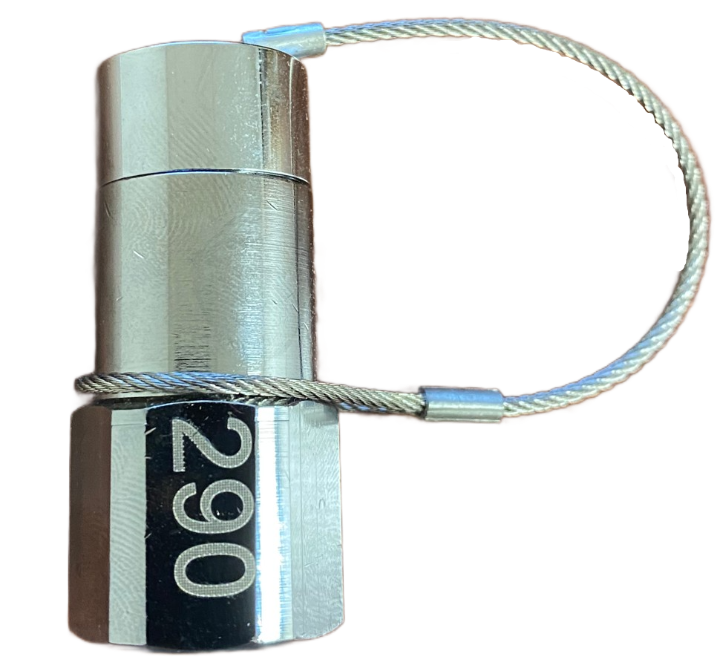 Metallic cylindrical lock with a key and cable on a white background
