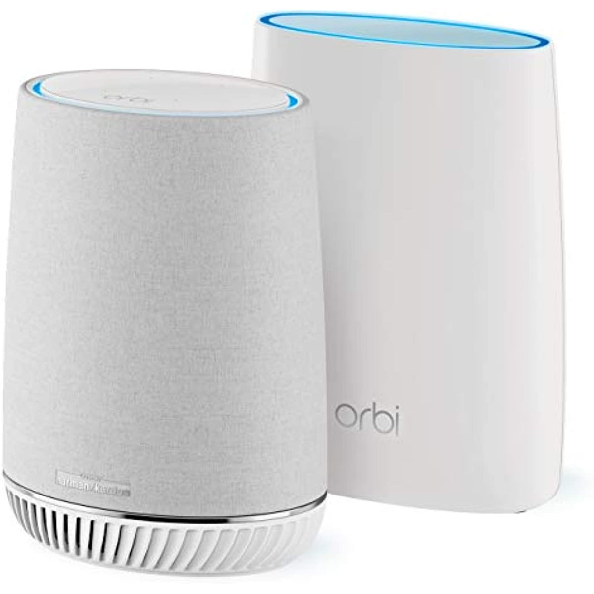 Two Orbi routers on a white background
