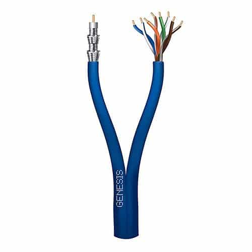 Genesis 50665006 CAT5e Cable, 24/4 Solid BC and 18AWG CCS RG6 Quad-Shield, Non-Plenum, CM, 500' (152.4m), Reel, Blue