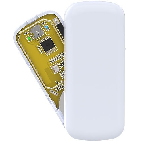 Close-up of a electronic device with a gold circuit board and white casing on a white background
