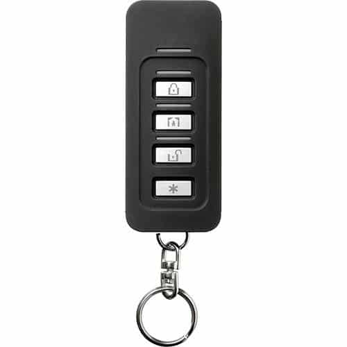 Black remote control with keychain on a white background