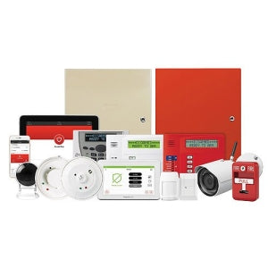 Collection of security and fire alarm equipment on a white background