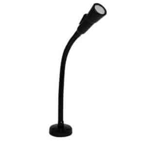 A sleek, modern black light fixture with a flexible gooseneck arm, set against a solid white background