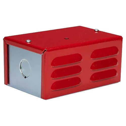 Red metal box with a silver base on a white background