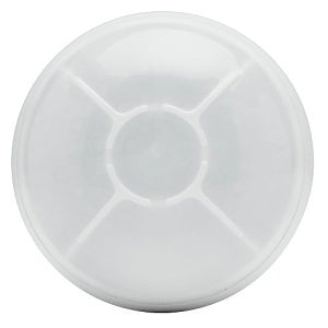 Circular, translucent white plastic object set against a solid white background