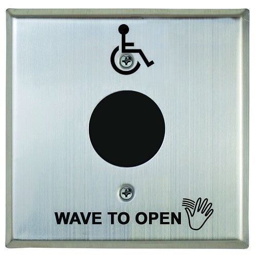 Camden CM-333/42SW Hybrid Battery Powered Touchless Switch, Hand Icon, 'Wave to Open' text and Wheelchair Symbol