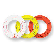Three circular fire safety labels in white, yellow, and red on a white background