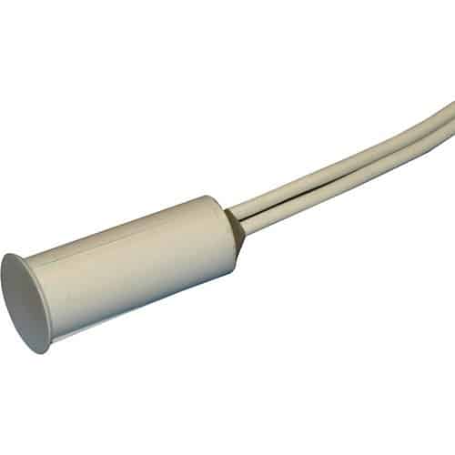 White cylindrical sensor with a cable on a white background