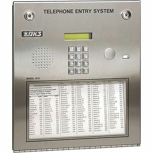 Metallic telephone entry system with keypad and display on a white background