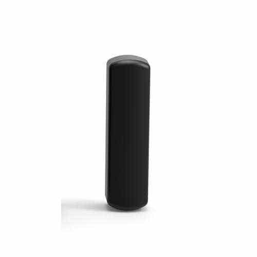 Black, upright, rectangular electronic device standing vertically against a plain, solid white background