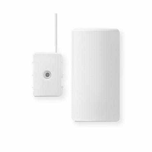 Two white smart-home electronic devices positioned side-by-side against a plain, solid white background