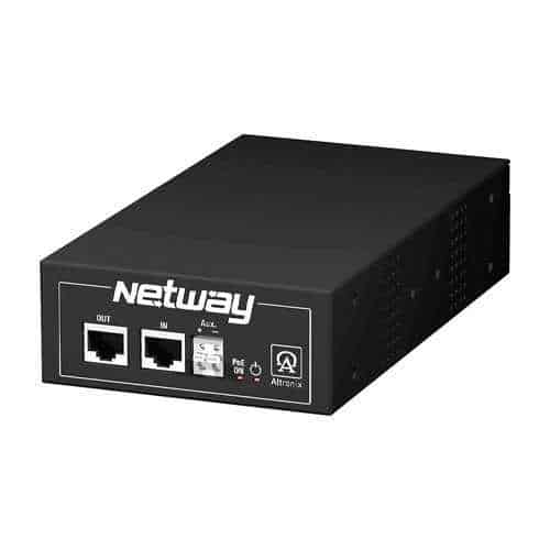 Black network device with 'Netway' branding on a white background