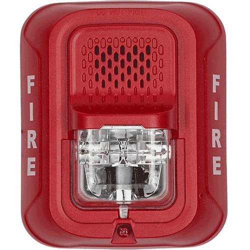 Red fire alarm with clear central component on a white background