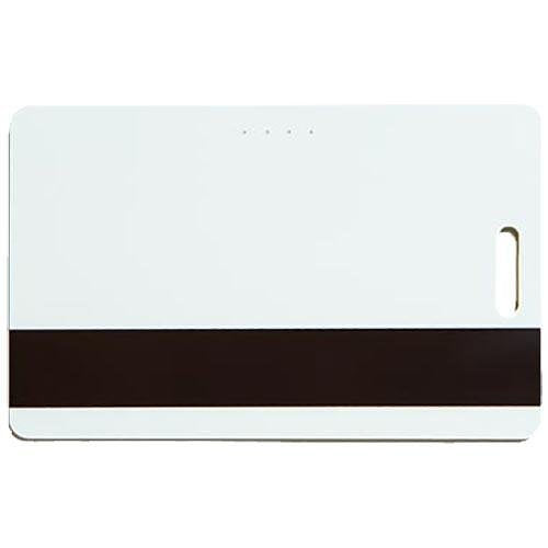 White card with a black magnetic strip on a white background