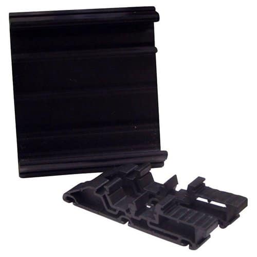 Black plastic strip with clips on a white background