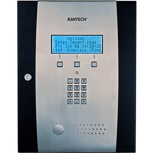 Kantech intercom system with digital display and keypad on a white background