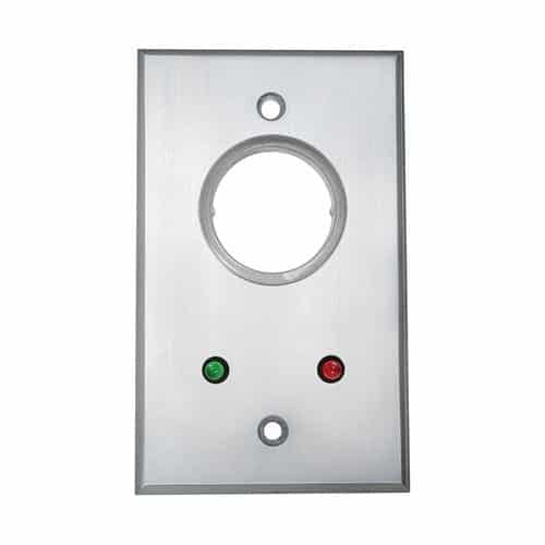 Metallic wall plate with green and red indicator lights on a white background