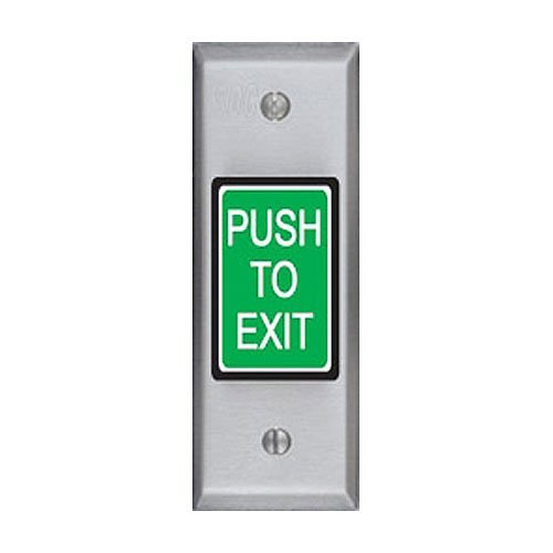 Push to exit button with green label on a white background