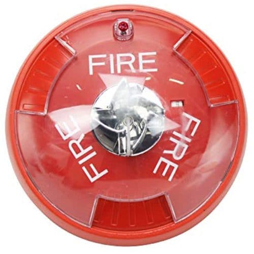Red fire alarm cover with 'FIRE' text on a white background
