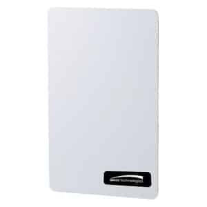 White electronic device with a black label on a white background