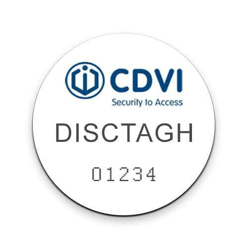 Round white label with CDVI logo and text on a white background