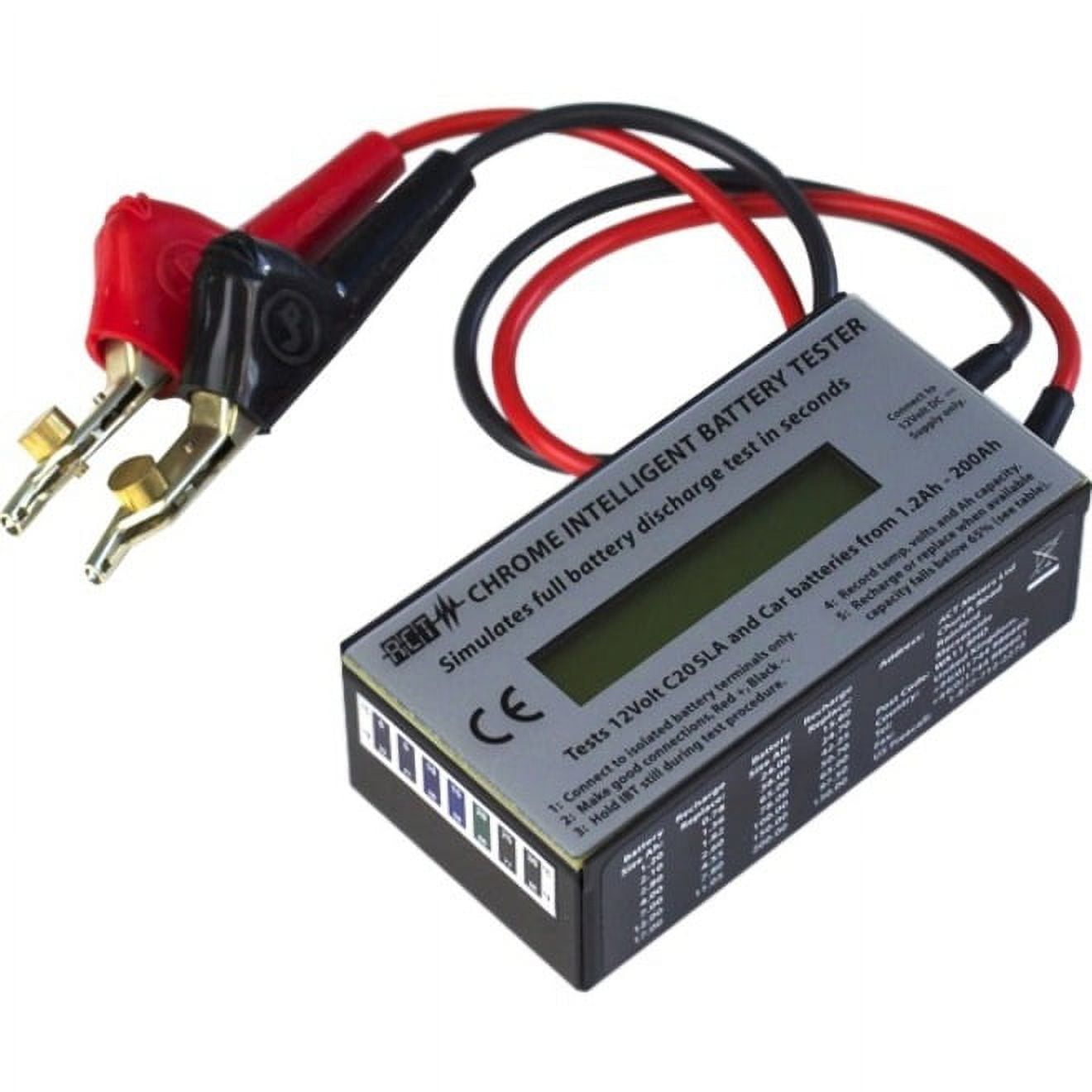 Battery tester with red and black leads on a white background