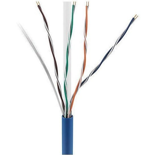 Close-up of a cable with blue jacket and multicolored inner wires on a white background