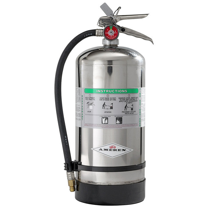 Silver fire extinguisher with black hose on a white background