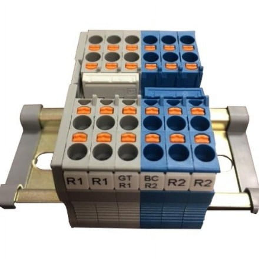 Electrical terminal block with connectors on a white background